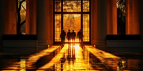Silhouetted figures walk through a grand hallway bathed in the warm golden light of sunset, with detailed stained glass casting vibrant reflections