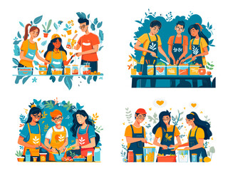Food volunteering concept, cute volunteers characters friends or family cook healthy meal together, foods donation charity social aid assistance vector illustration