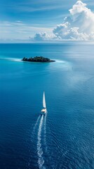 Aerial shot of a sailboat leaving a white trail across a vast blue ocean, heading towards a distant...