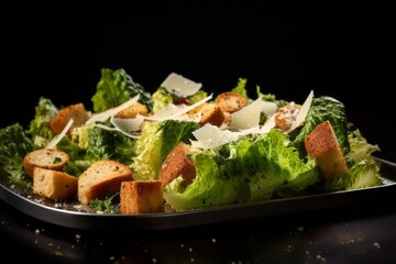 Juicy caesar salad on a metal tray against a dark background