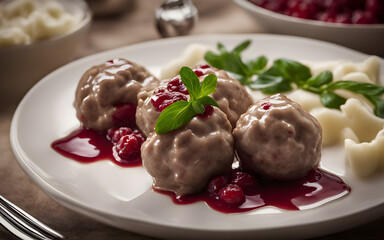Fototapeta na wymiar Swedish meatballs, creamy sauce, lingonberry, porcelain plate, soft, diffused lighting