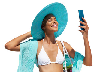Happy girl in summer beach holiday wearing bikini, blue sun hat and pareo, using mobile phone, caribbean girl isolated in white background, for online shopping or booking sea vacation travels