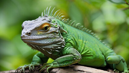 A green iguana is sitting on a branch