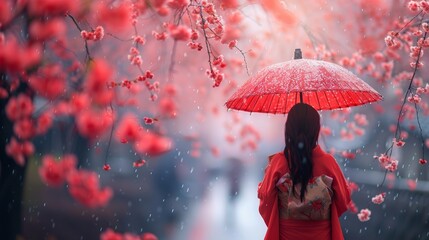 Enigmatic beauty in red kimono under blossom rain - obrazy, fototapety, plakaty