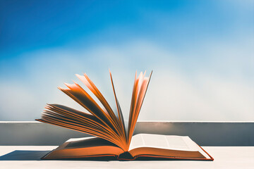 An open book bathed in sunlight rests on a solid surface, its pages stirred by a gentle breeze under a pristine blue sky, evoking a sense of peace and quiet contemplation.