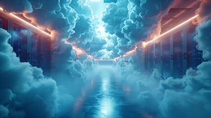 Futuristic data center with cloud sky corridor - obrazy, fototapety, plakaty