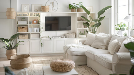 Chic Scandinavian Living Room with Built-In Bookshelves, Plush Area Rug, and Modern Lighting

