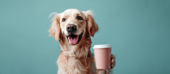 Cute golden retriever dog with cup of coffee on blue background. Dog cafe concept. Banner.