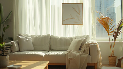 Minimalist Scandinavian Living Room with Sleek White Sofa, Light Wooden Coffee Table, and Abstract Wall Art
