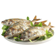 Three fish on a plate with lettuce and lemon