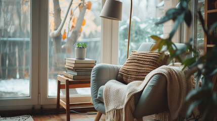 Scandinavian corner featuring a cozy reading nook with a plush armchair, books, and a modern side table.
 - obrazy, fototapety, plakaty