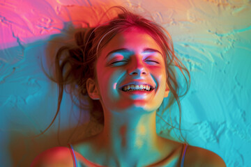 Top view of a young happy woman in neon light.