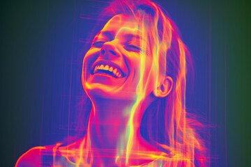 Portrait of a laughing beautiful young woman in neon light.