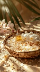 Close-up of a wicker basket filled with bath salts, a small glass bottle of essential oil, and a single floating orchid, all bathed in warm sunlight