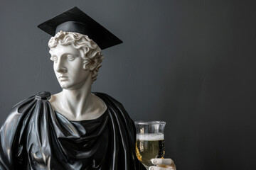 Champagne glass and apollo statue with graduation cap on black background.