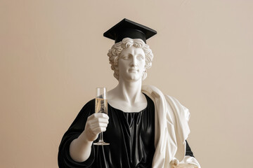 Statue of a man in graduation cap holding a glass of champagne