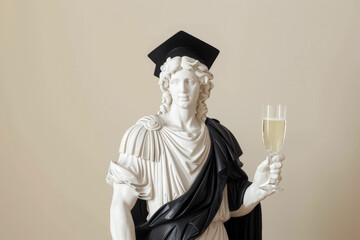 Statue of a man in graduation cap holding a glass of champagne