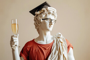 Classical graduation cap on the head of a man with a glass of champagne