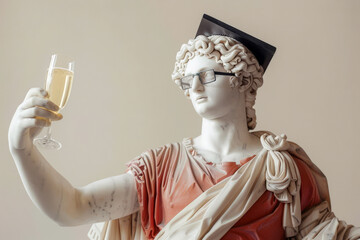 Statue of Apollo wearing a graduation cap with a champagne glass on a beige background.