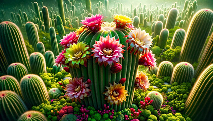 Enchanted Forest Cactus Garden. Cactus with radiant flowers