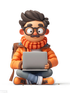 3D cartoon man working with laptop isolated on white background