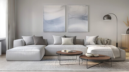 Fototapeta na wymiar Elegant Scandinavian Living Room with Statement Chandelier, Light Wood Flooring, and Minimalist Decor 