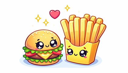 Playful and cute cartoon characters of a smiling burger and french fries sharing a friendly moment, sparking joy.