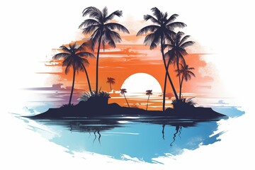 Tropical Island with Palm Trees and Sunset Illustration