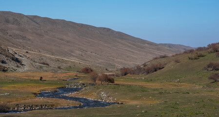 Mountain landscape along the border mountains of the Pamir Highway. Landscape with fast mountain river. Autumn colored landscape.