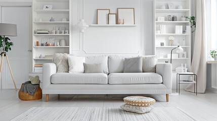 Deluxe Scandinavian Living Room with White Built-In Storage, Plush Sofa, Modern Lighting, and Stylish Accents
