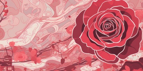 Rose and white pattern with a Rose background map lines sigths and pattern with topography sights in a city backdrop