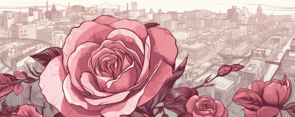 Rose and white pattern with a Rose background map lines sigths and pattern with topography sights in a city backdrop