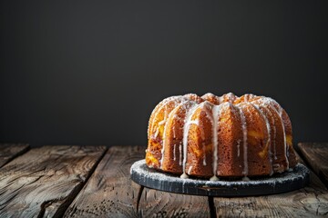 Marble bundt cake on wooden table with dark backdrop