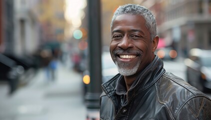 Fototapeta premium Urban Elegance: Joyful Senior Man's Vibrant Smile on the City Streets Generative AI.