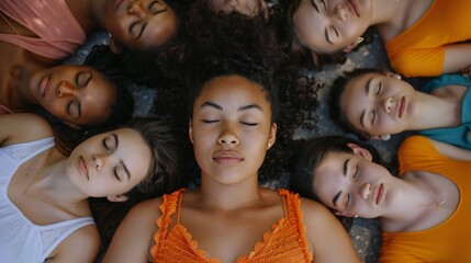 Harmony Collage: Overhead shots depict a mosaic of girls lying together, advocating for racial harmony and inclusivity.