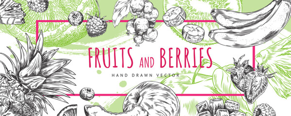 Hand drawn fruit and berry banner with space for text.