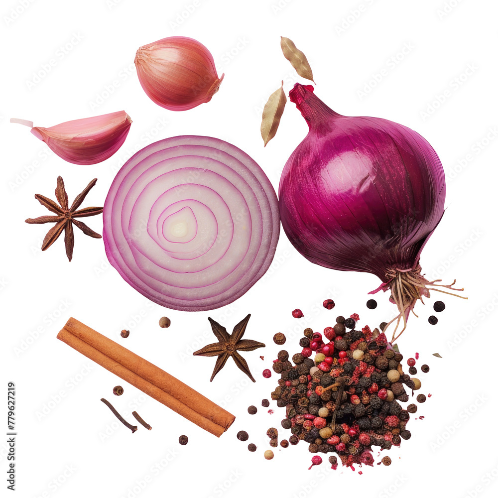 Poster a close up of assorted spices and an onion