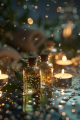 Hyperrealistic close-up of a spa scene: every drop of water on essential oil bottles, every flicker of candlelight, meticulously rendered
