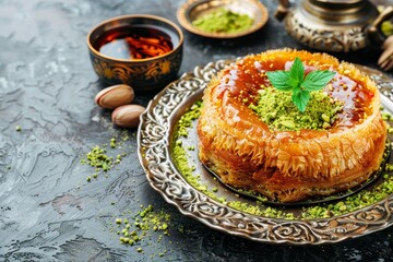 Middle eastern desserts kunefe kunafa kadayif with pistachios Traditional Turkish and Arabic sweets