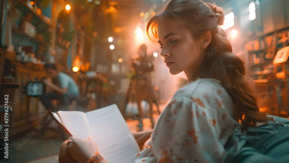 Poster back shot of an actress sitting on a chair in a movie set, holding and reading a script in one hand.
