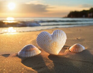 Seashells arranged in a heart shape on a beach with a beautiful sunset and waves in the background