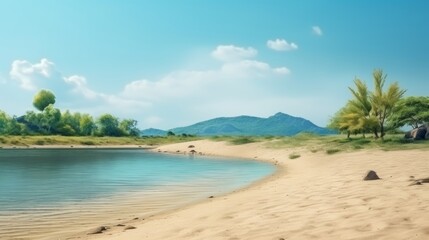 Tranquil desert scene sand dunes meet lush green oasis lake in serene landscape concept