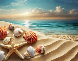 Fototapeta na wymiar Tranquil beach setting with seashells and a starfish on sandy shores as the sun sets over peaceful waters