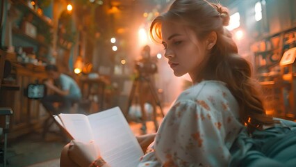 back shot of an actress sitting on a chair in a movie set, holding and reading a script in one hand. generative ai
