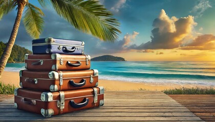 Vintage suitcases stacked on a wooden boardwalk against a tropical beach with a beautiful sunset backdrop - obrazy, fototapety, plakaty