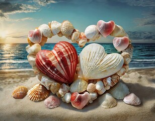 Heart-shaped seashell arrangement on a sandy beach with a stunning sunset backdrop