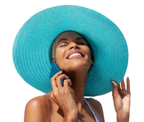 Portrait of Happy woman in summer beach holiday wearing blue sun hat and bikini, using mobile phone, Caribbean girl isolated on white background, for online shopping or booking sea vacation travel