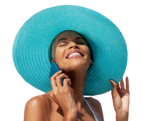 Portrait of Happy woman in summer beach holiday wearing blue sun hat and bikini, using mobile phone, Caribbean girl isolated on white background, for online shopping or booking sea vacation travel