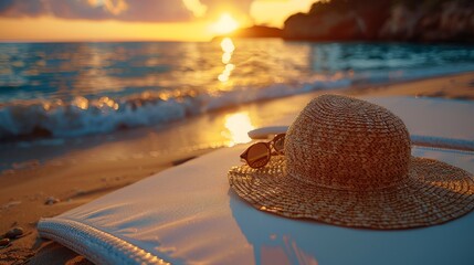 Serene beach sunset with hat and sunglasses