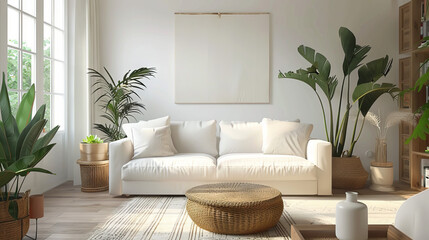 Imagine a modern living room that beautifully combines comfort and style This interior space is designed with a cozy fireplace at its heart, 